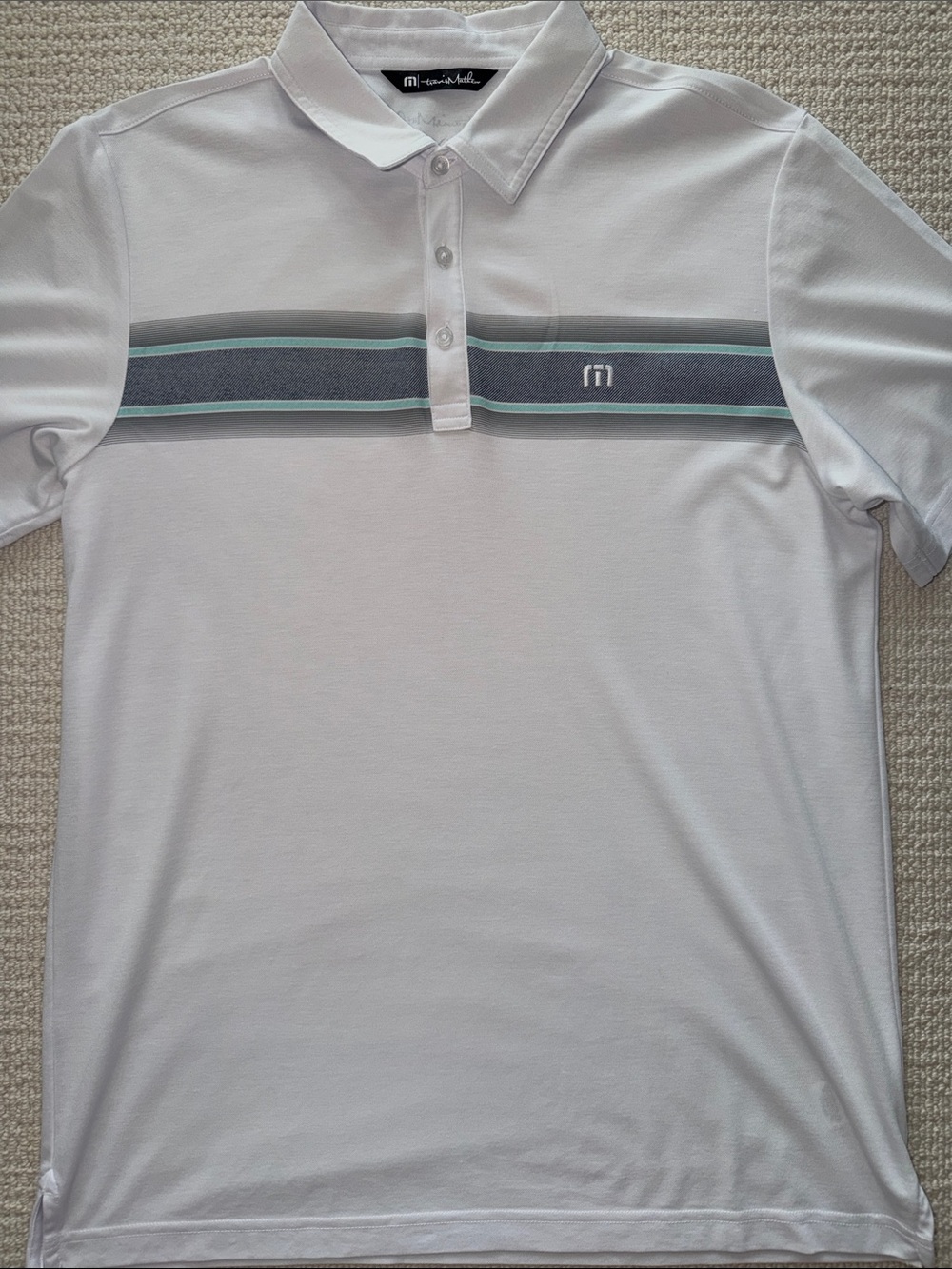 Travis Mathew White Polo with Gray, Blue and Teal Accents